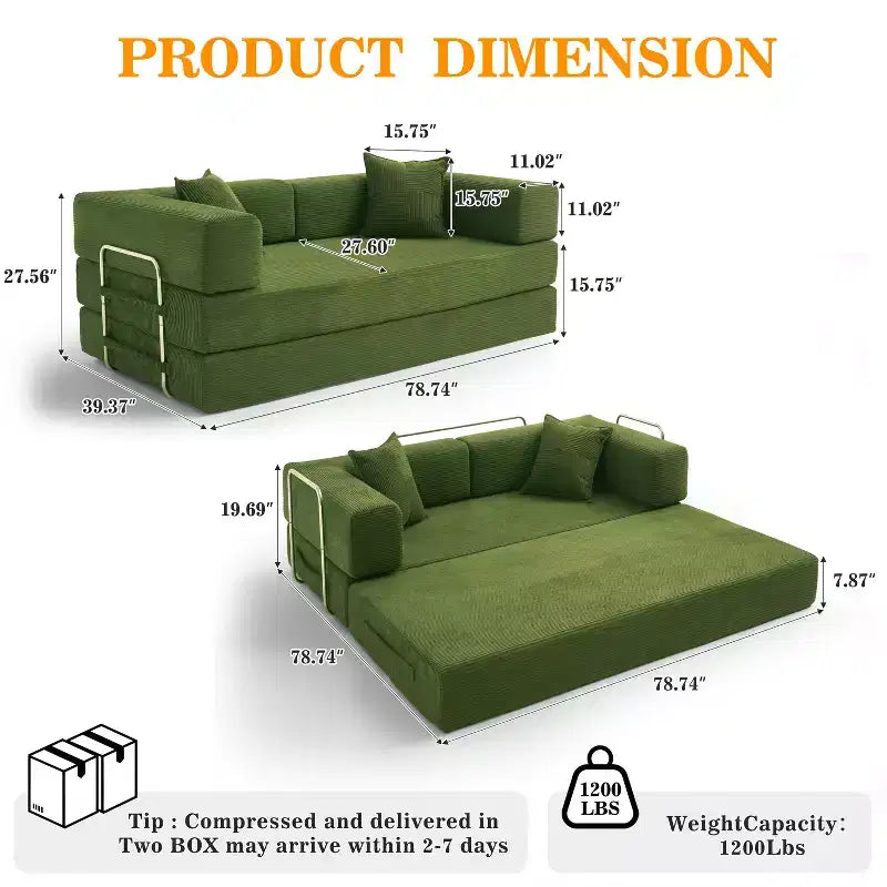 Dyonery 78 klappbares Schlafsofa, Cordbezug, Schlafcouch in King-Size-Größe für den Boden, 4-in-1-DIY-Kombination, modulares Sofa zum Ausklappen, bequem