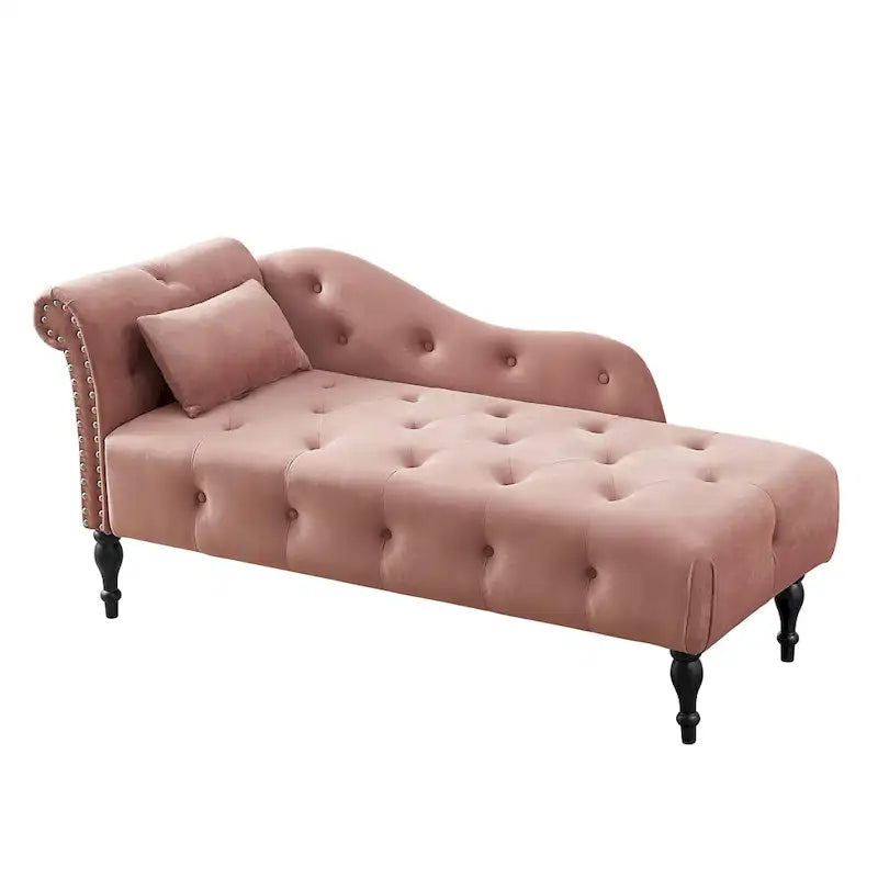 Modern 60.6  Velvet Upholstered Buttons Tufted Chaise Lounge Chair with Solid Wood Legs and Nailheads