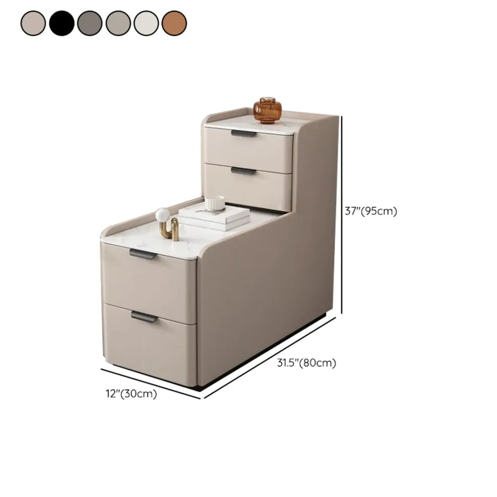 Tavolino laterale alto per divano, in legno a forma di L, con 4 cassetti e piano effetto pietra