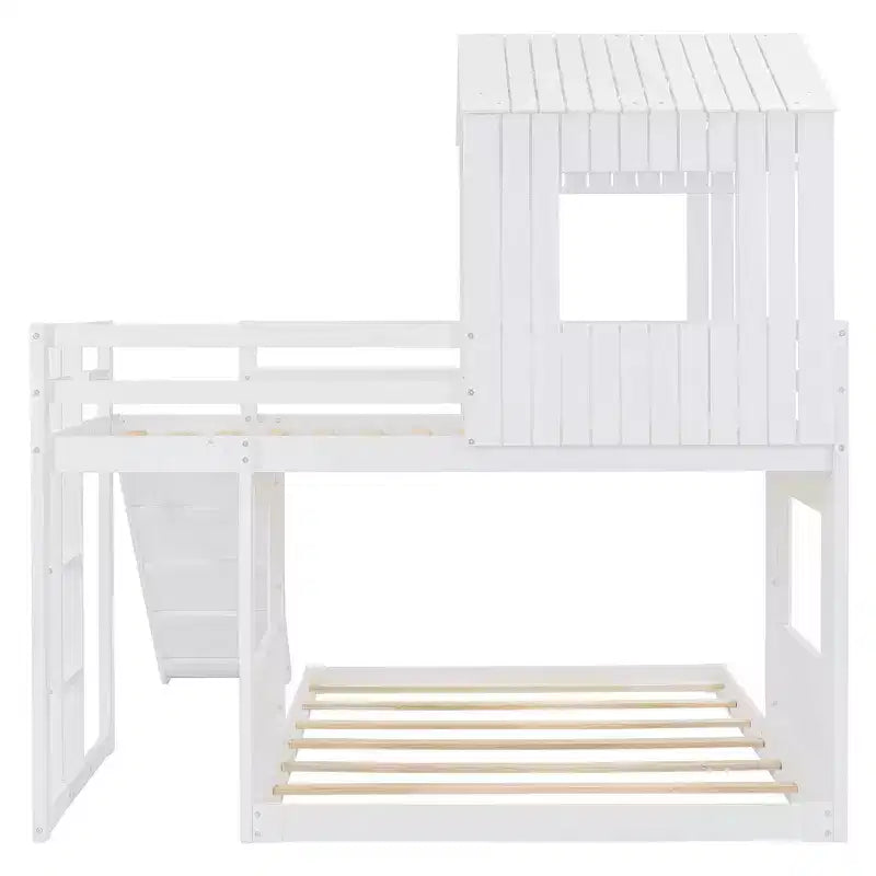 Luxystar Twin Over Full Wood Bunk Bed with Playhouse, Slide and Guardrails