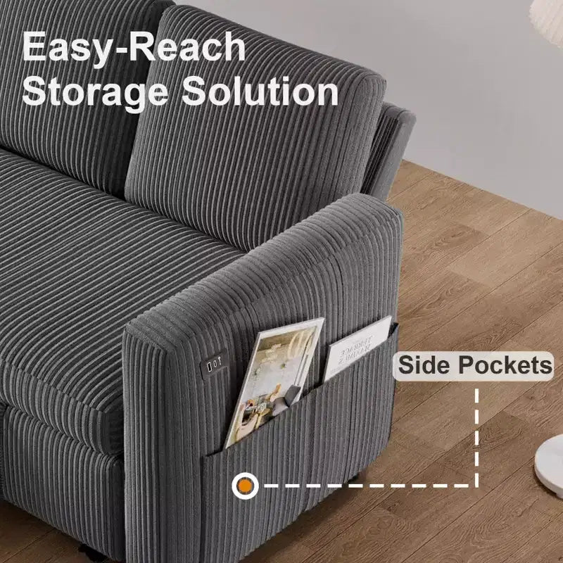 Dyonery 2-in-1-Schlafsofa zum Ausziehen mit Stauraum und Récamiere, Cord-Ecksofa mit USB-Anschlüssen für das Wohnzimmer
