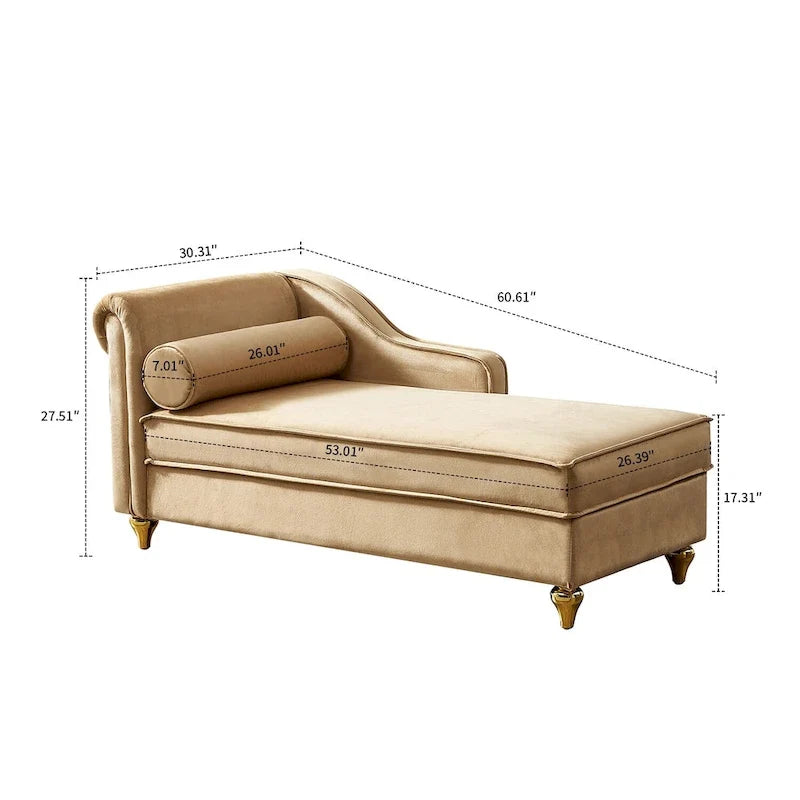 French Elegant Velvet Upholstered Storage Chaise Lounge Chair with a Pillow
