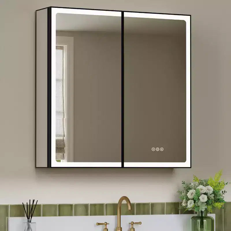 Bathroom Medicine Cabinet with LED Mirror, Surface or Recessed Mount, Dimmable Light, Anti-Fog, Adjustable Shelving