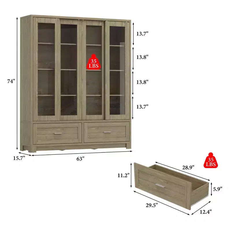 Famapy Vitrine in heller Eichenholzoptik: 160 cm breit, Schiebetüren aus Glas und Schubladenstauraum, geräumiger Organizer für Bibliotheken und Wohnzimmer