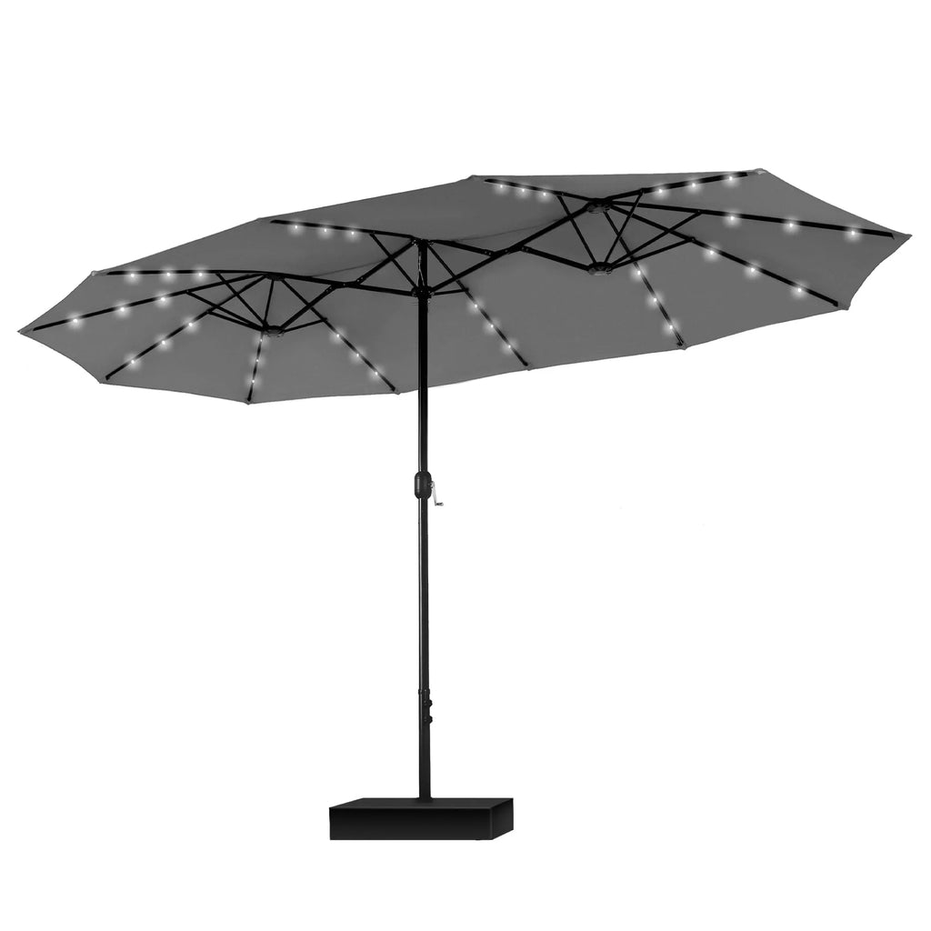 MAISON ARTS rechthoekige dubbelzijdige buitenparasol van 4,57 meter met slinger, zonnelampen en meegeleverde voet