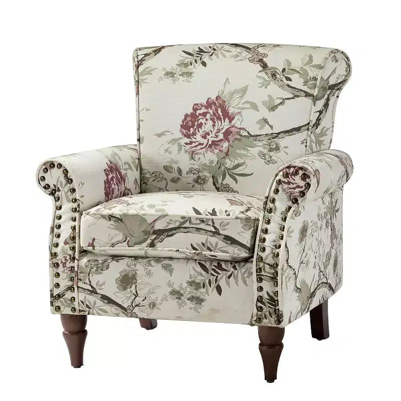 Araceli traditioneller gepolsterter Holzsessel mit Blumenmuster, hoher Rückenlehne und Nagelkopfverzierung| ART OF LIVING DESIGNS