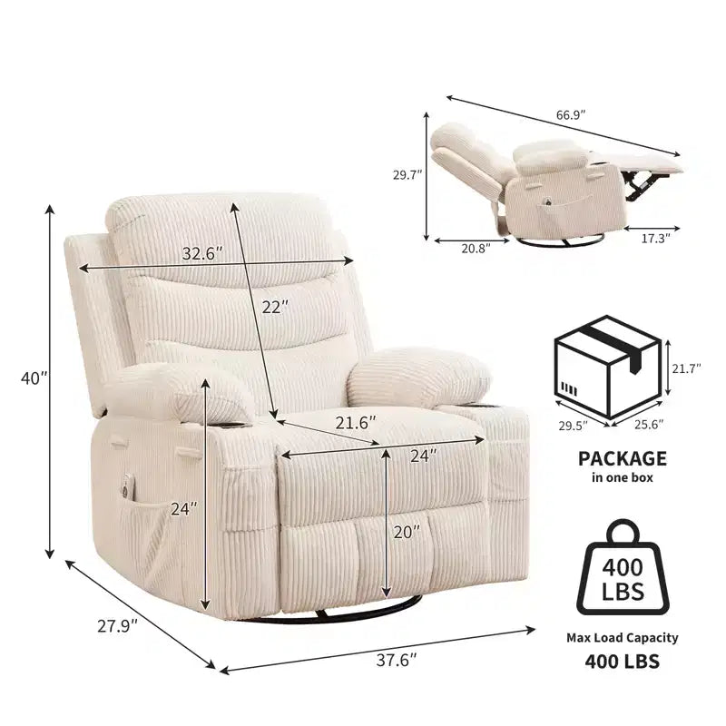 Draaibare relaxfauteuil met massage en warmte, 360°-schommelstoel met bekerhouders en zijvakken, ergonomische loungestoel voor woonkamer, camper en babykamer
