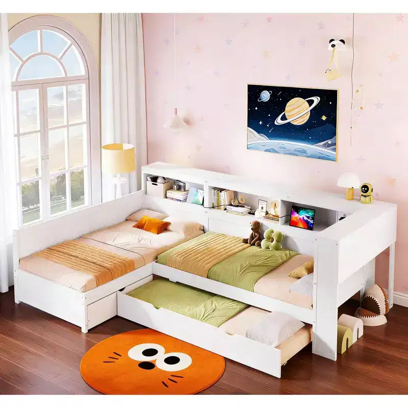 L-förmiges Plattformbett in Twin-Größe mit Ausziehbett und Ladestation, Holzbettrahmen mit Bücherregal