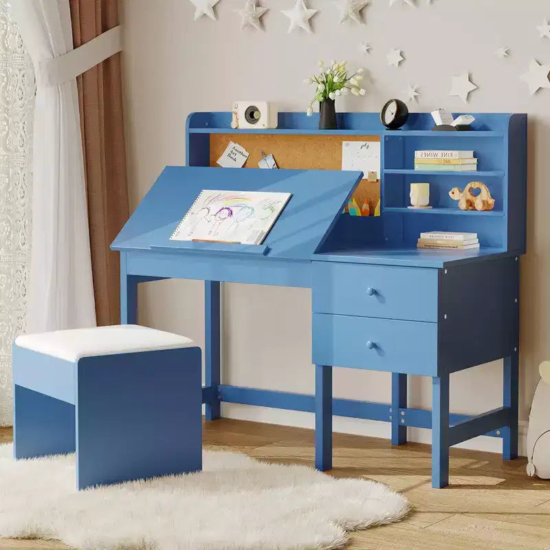 Bureau- en stoelset voor kinderen, houten studeertafel met verstelbaar gekanteld bureaublad, laden en prikbord - school- en leerbureau voor kinderen