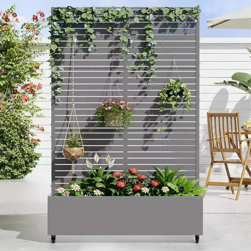 MAYEERTY plantenbak met trellis, ijzergrijs, lamellen, klassieke stijl, 72x35x16 inch, set van 3