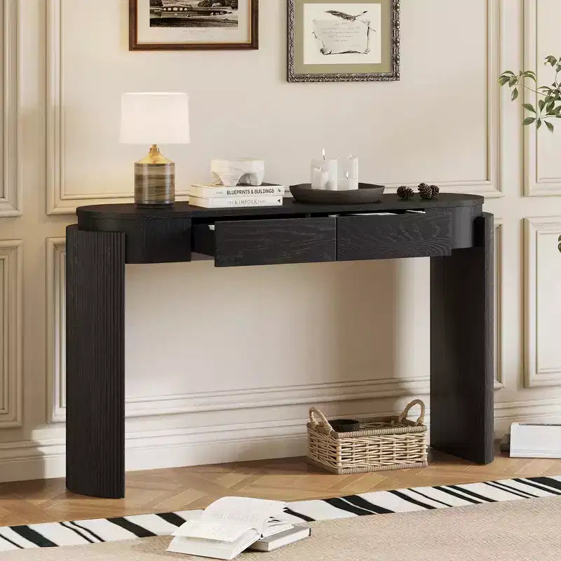 Table console moderne Merax à plateau ovale avec pieds courbés cannelés et deux tiroirs dissimulés