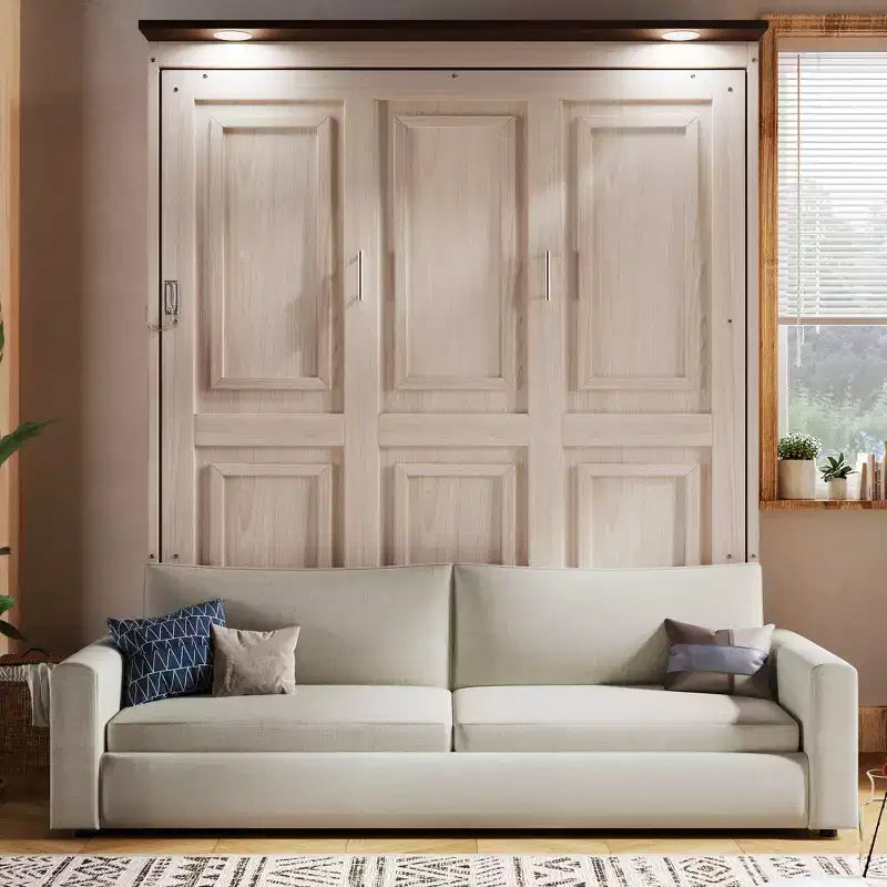 Murphy-bed in queensize met bank, houten kastbed in queensize met ledverlichting, opklapbaar wandbed voor de logeerkamer, beige