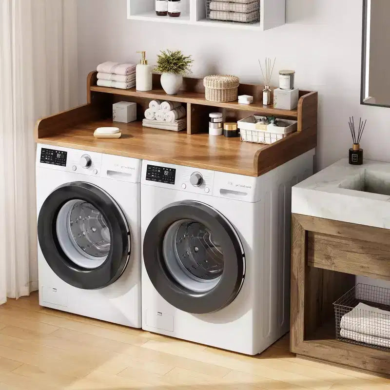 Houten opzetblad voor wasmachine en droger, 54 inch aanrechtblad voor de wasruimte met opbergplank met 2 niveaus, antislip werkoppervlak met opstaande randen voor een georganiseerde wasruimte