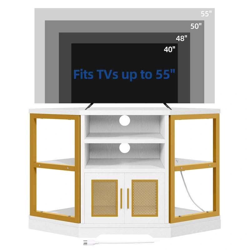Meuble TV d’angle de style maison de campagne, centre de divertissement et console multimédia pour téléviseurs jusqu’à 55 po, avec prise électrique