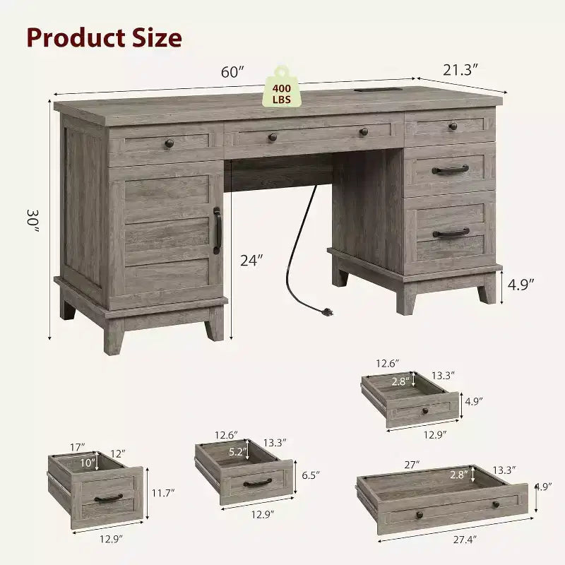 Bureau de direction de 60 po avec tiroirs, bureau à domicile avec station de recharge, bureau d’ordinateur et d’écriture en bois pour étude, table de conférence pour salon