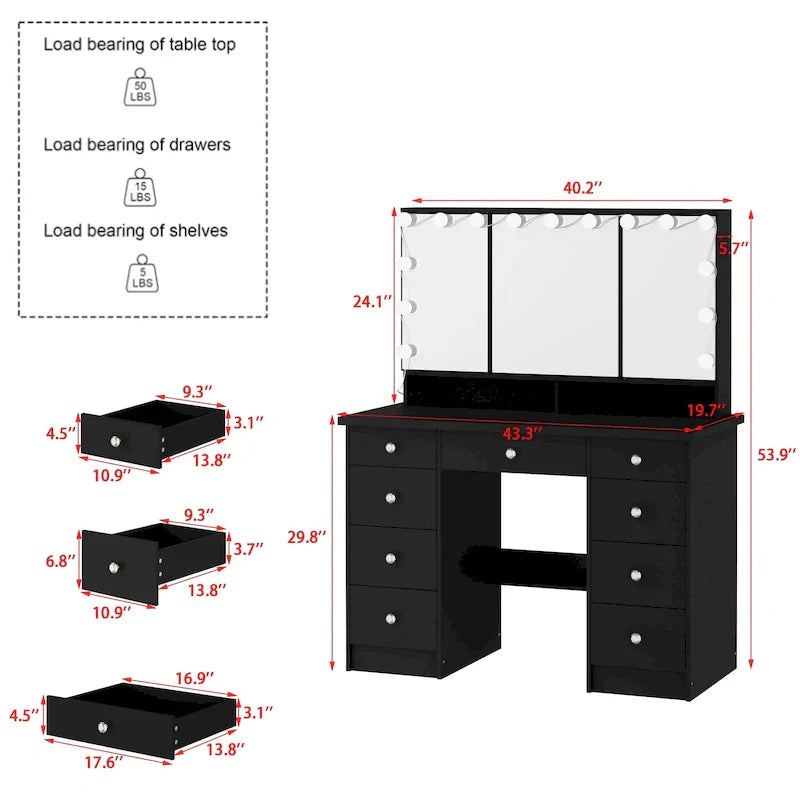 Luksusowa toaletka do makijażu LED z 9 szufladami, elegancka stacja do makijażu