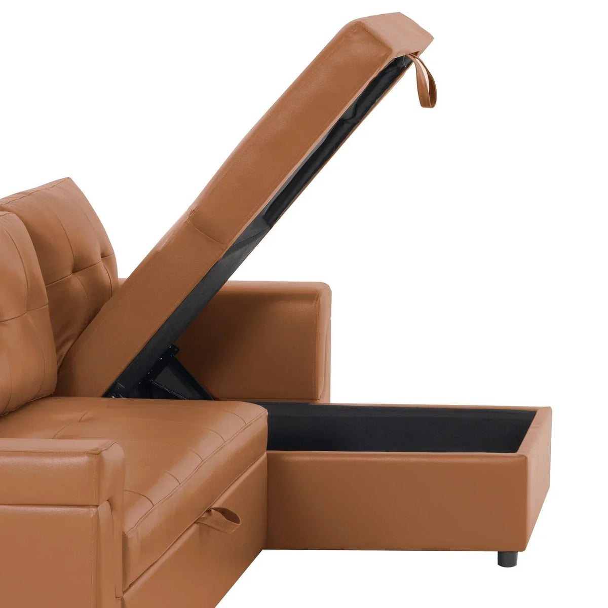 Divano componibile reversibile trasformabile con letto estraibile, chaise longue con contenitore nascosto e gambe resistenti