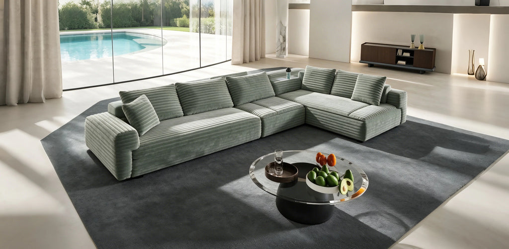 102.4 Pluszowa sztruksowa rozkładana sofa 4-osobowa z pufami - zielona