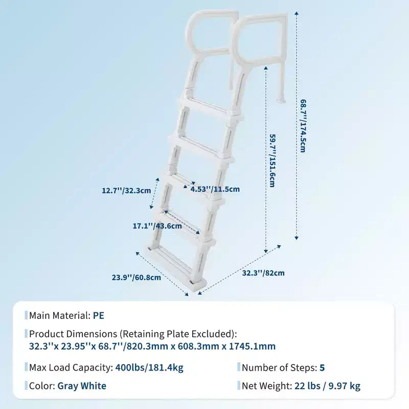 Robuste 5-stufige Poolleiter mit doppelten Handläufen, rutschfesten stabilen PE-Stufen, Tragfähigkeit 181 kg, passend für eingelassene und oberirdische Pools mit 122–137 cm Tiefe