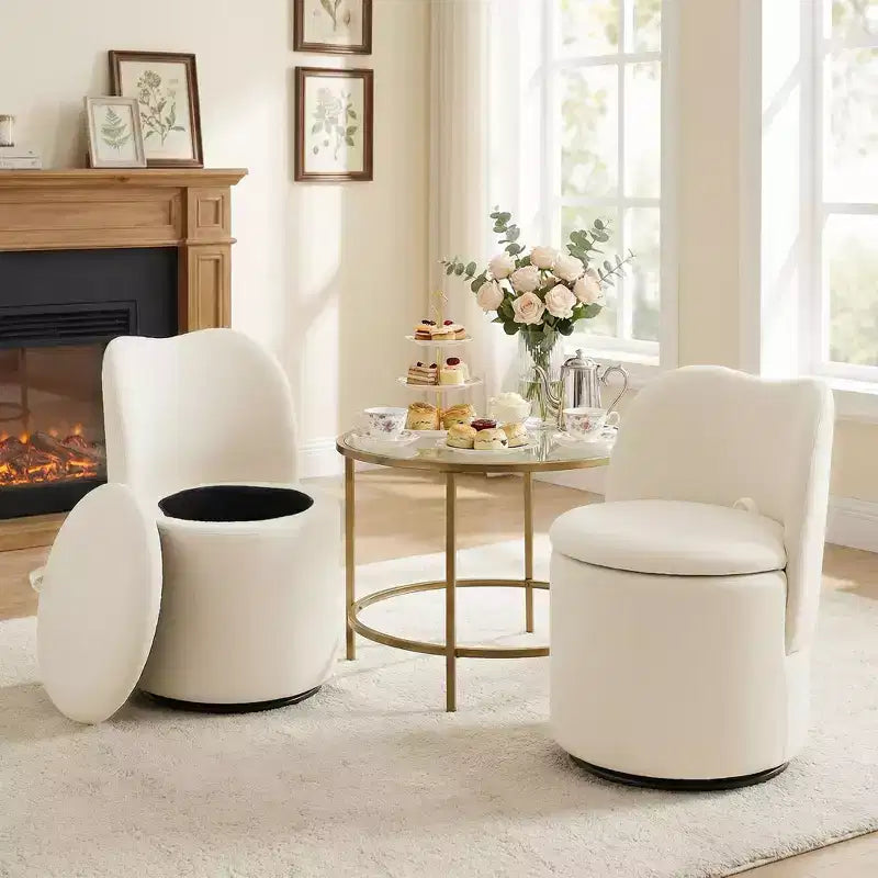 Swivel Vanity Chair with Storage, Upholstered Round Makeup Stool with Back, Soft Padded Barrel Accent Armchair for Bedroom & Living Room