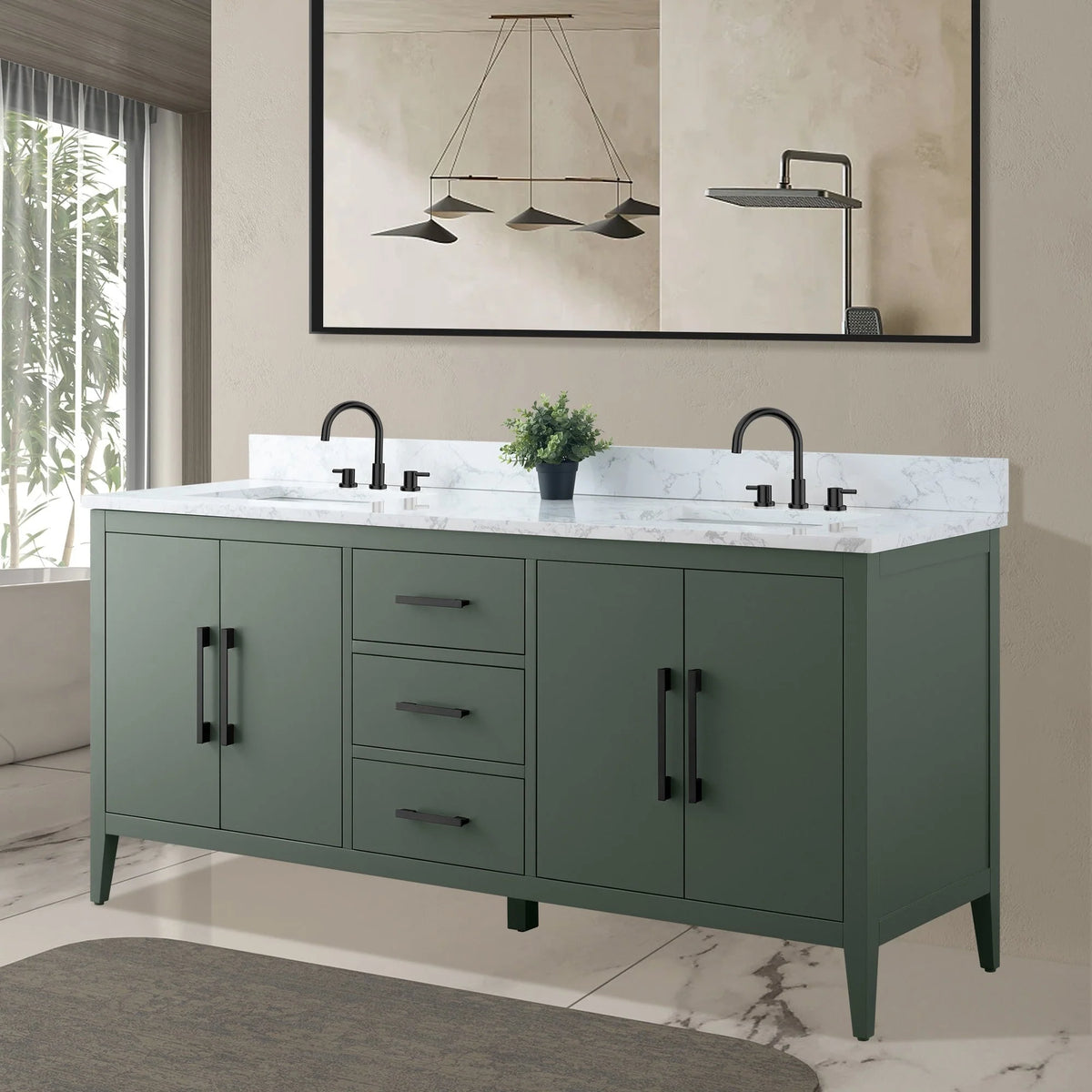 Vanity Art 72 badkamermeubel met dubbele wastafel en blad van composietmarmer