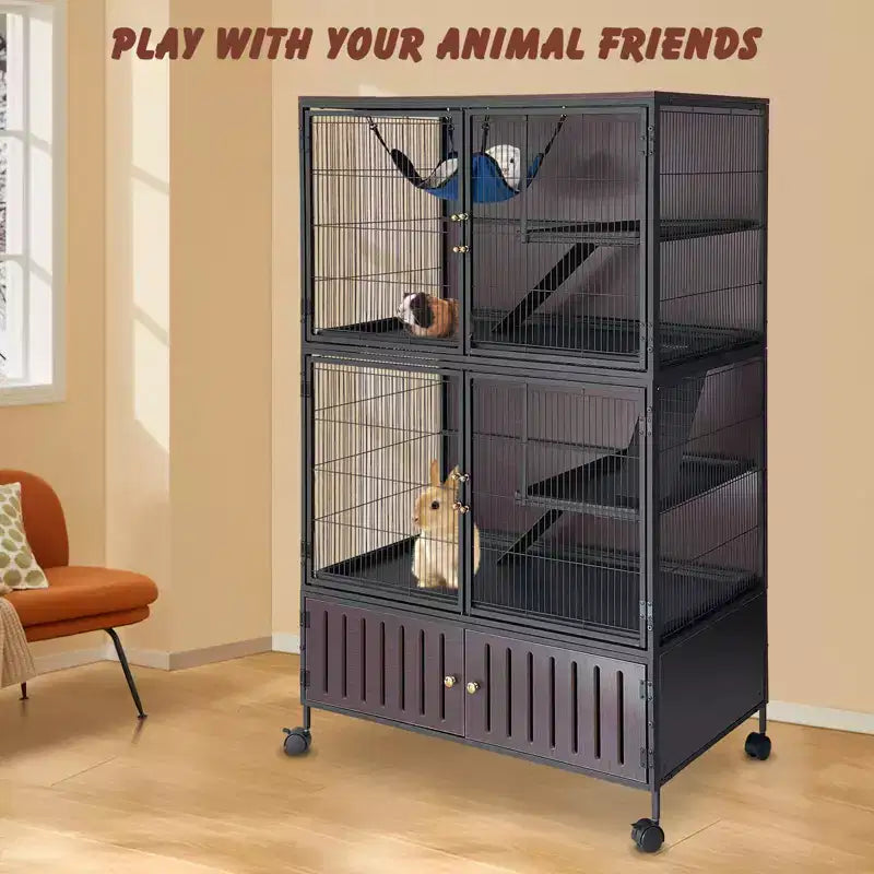 Kleine­dierenkooi, frettenkooi – leefruimte van 59 inch met 5 niveaus en opbergkast, inclusief hangmat, wielen, verwijderbare hellingen en eenvoudig te reinigen bakken