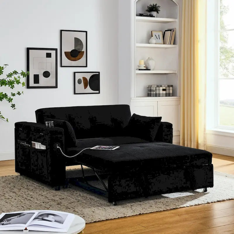 Sofa rozkładana 54, 2-osobowa sofa z funkcją spania i rozkładanymi fotelami, schowkiem, poduszką lędźwiową i gniazdem USB
