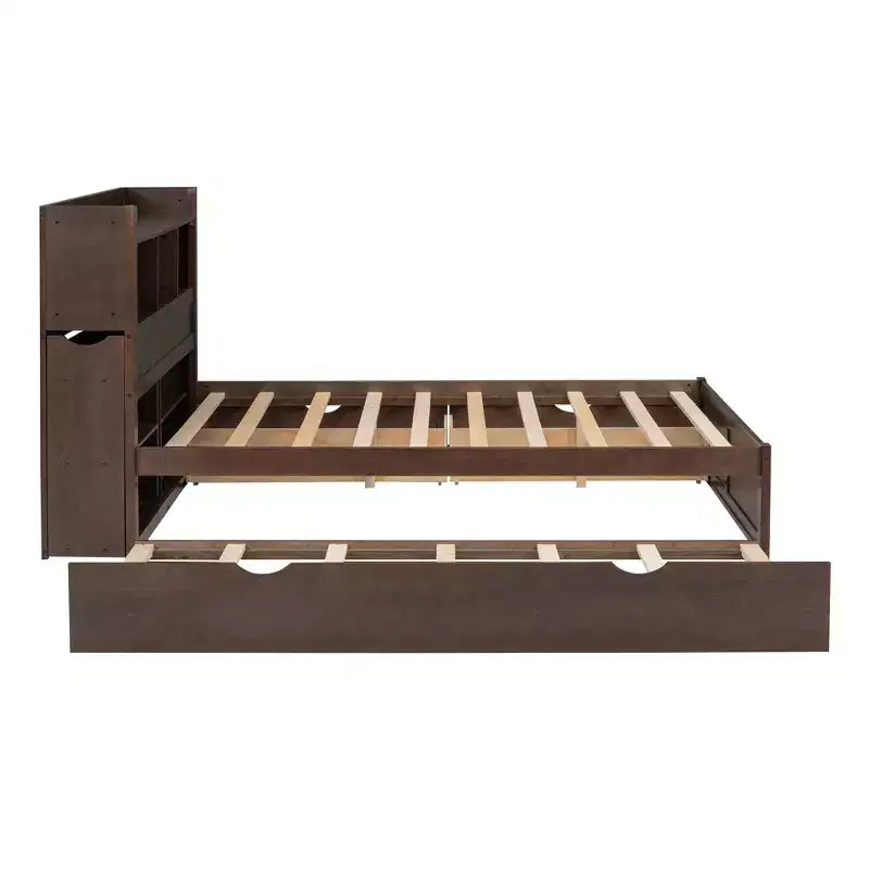 Eenpersoons platformbed met opbergruimte, uitschuifbed, boekenkasthoofdbord en oplaadstation, houten bedframe met planken en laden