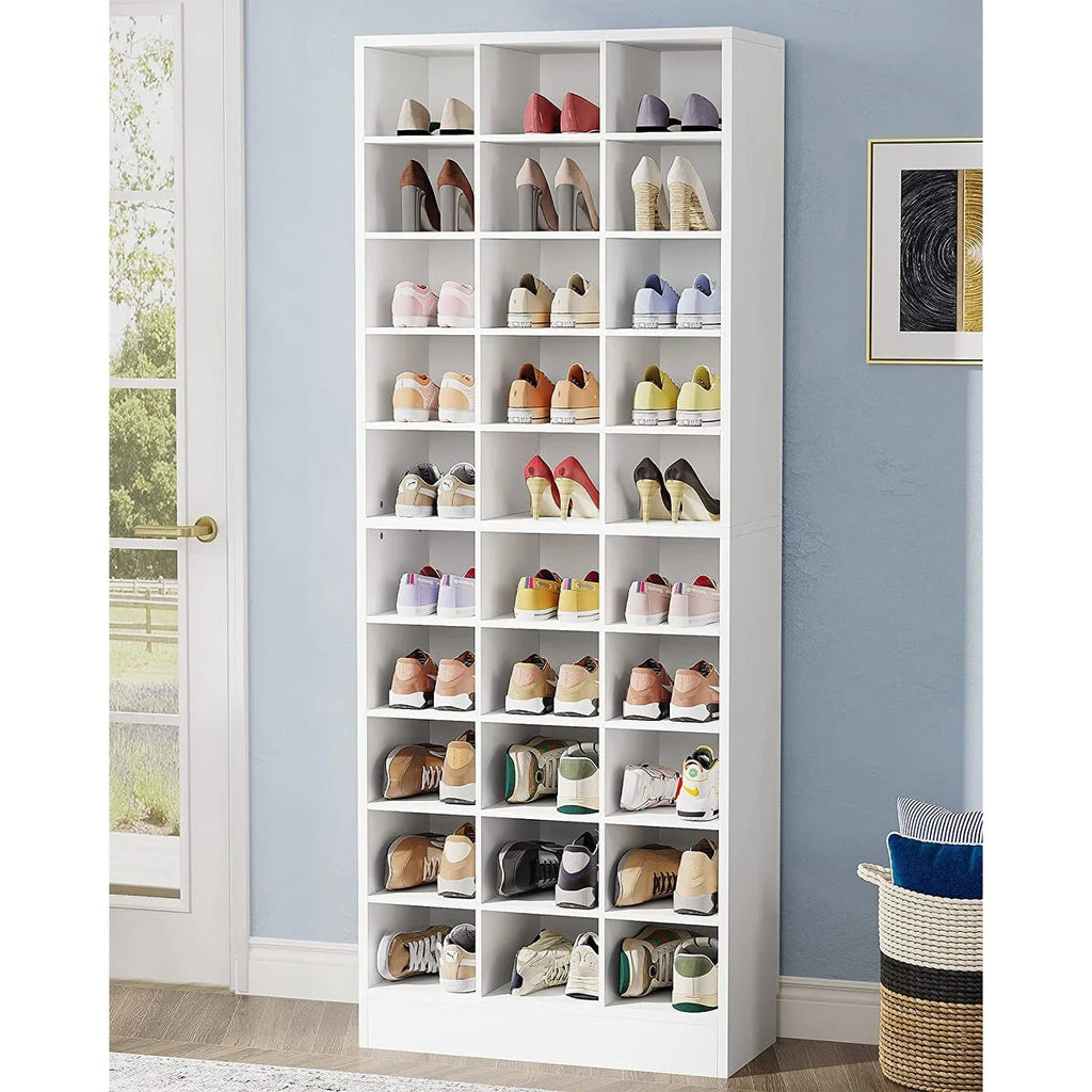 Hoge schoenenkast voor 30 paar schoenen, 10 etages, wit houten schoenenrek voor kledingkast en hal - 10 etages