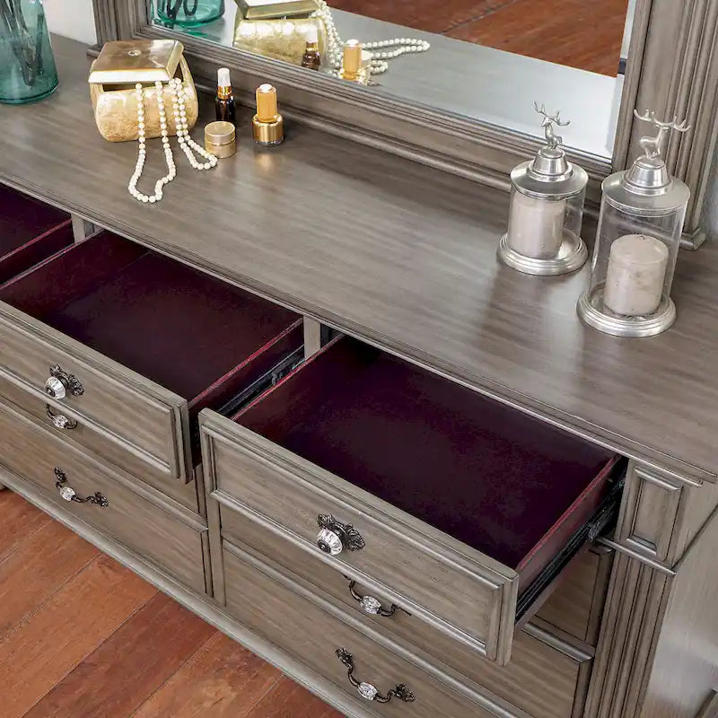 Vame-perinteinen 2-osainen lipasto- ja peilisetti, 9 laatikkoa, Furniture of America