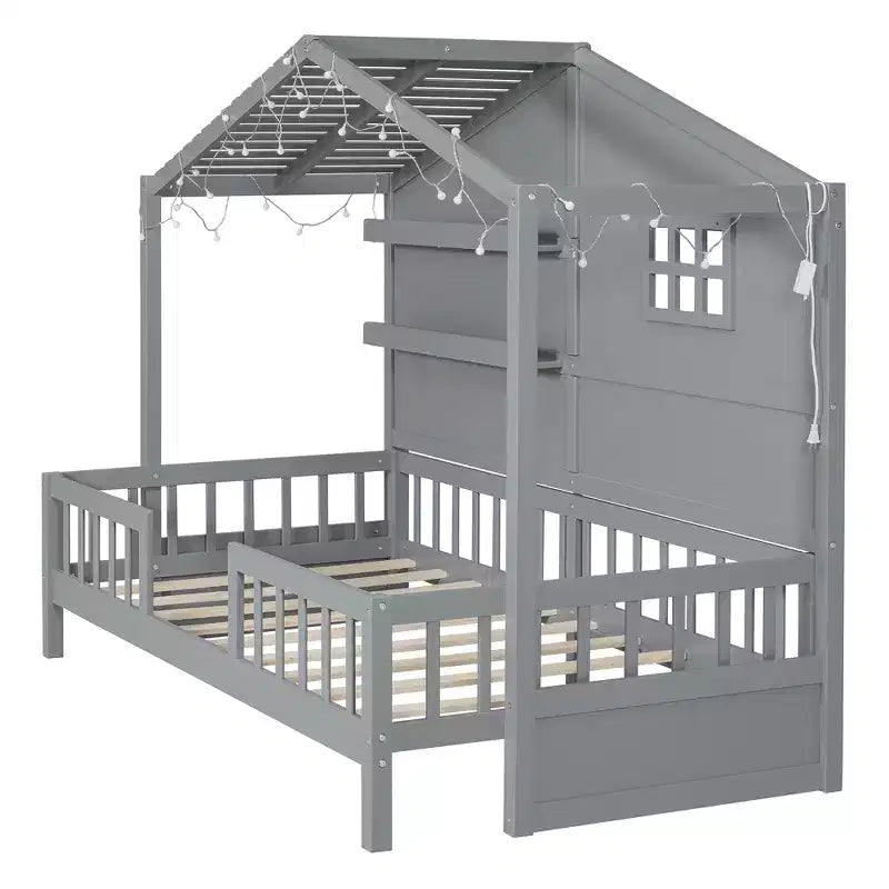 Twin Size House Bed with Storage Shelves and Rails, Wood Kids Montessori Bed Frame with Window and Sparkling Light Strip