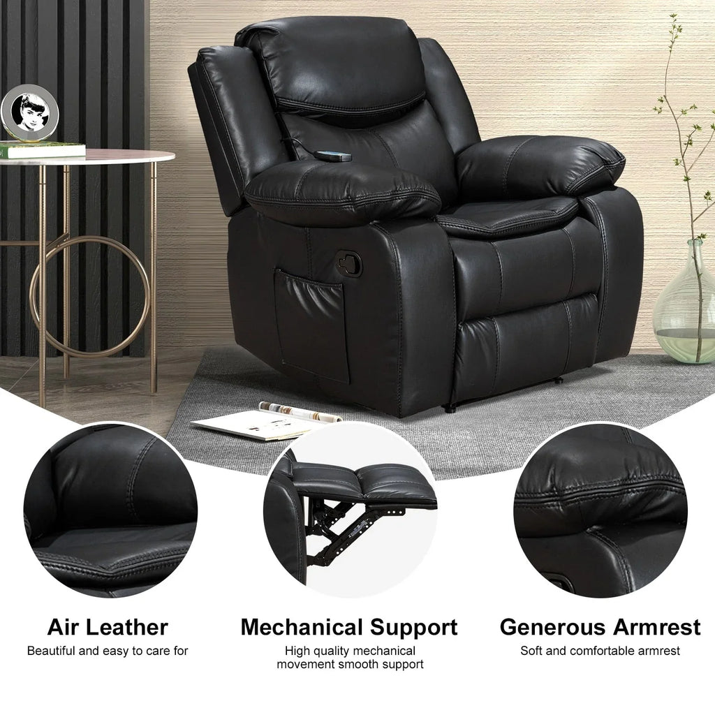 Fauteuil inclinable de massage et chauffant en cuir durable à assise large