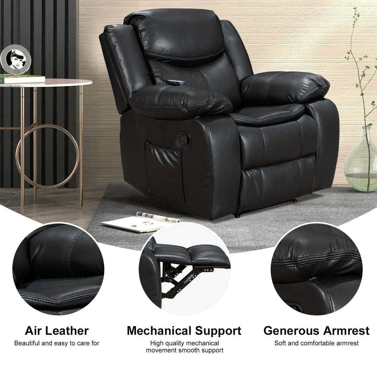 Fauteuil inclinable de massage et chauffant en cuir durable à assise large