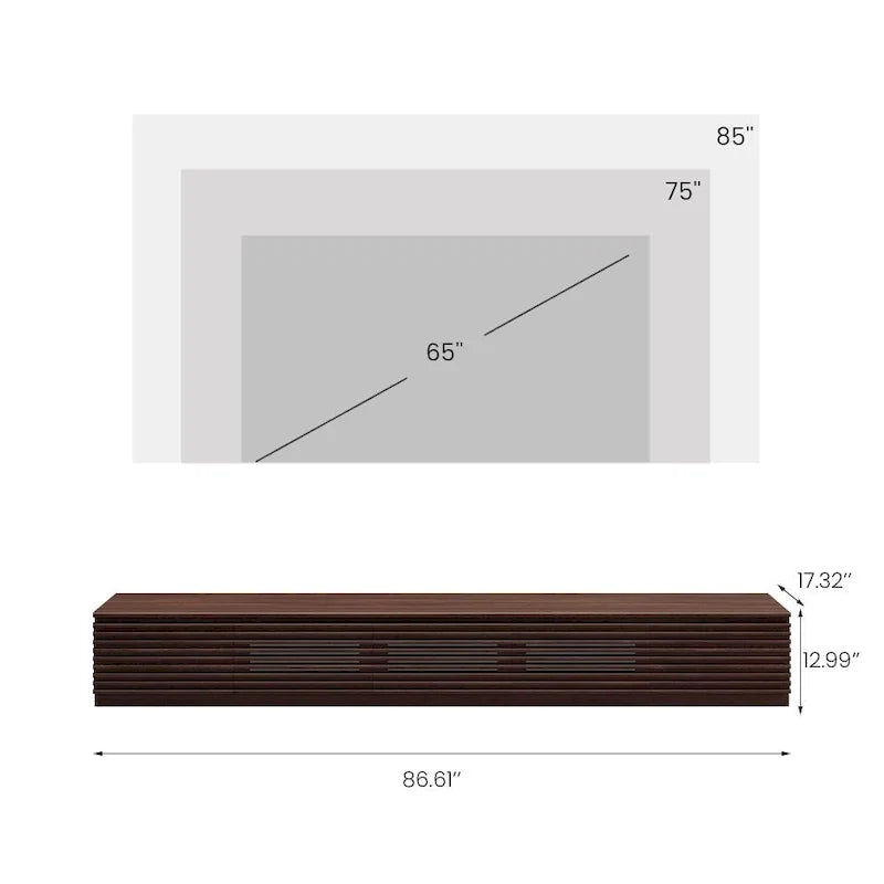 Minimalista TV-állvány fiókokkal, tömörfa médiakonzol szekrényekkel, lehajtható ajtóval, diófa furnérral, teljesen összeszerelve