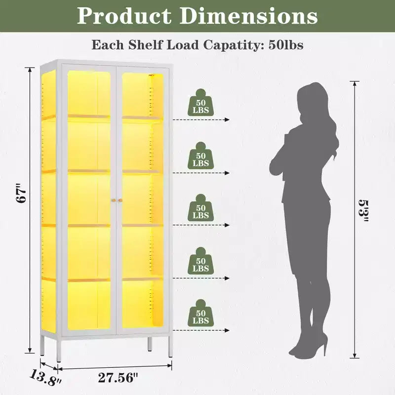 Bekrvio 67 inch hoge vitrinekast met glas aan 3 zijden en ledverlichting, 5 opberglagen met dubbele deuren en metalen frame voor verzamelobjecten, ideaal voor kleine ruimtes