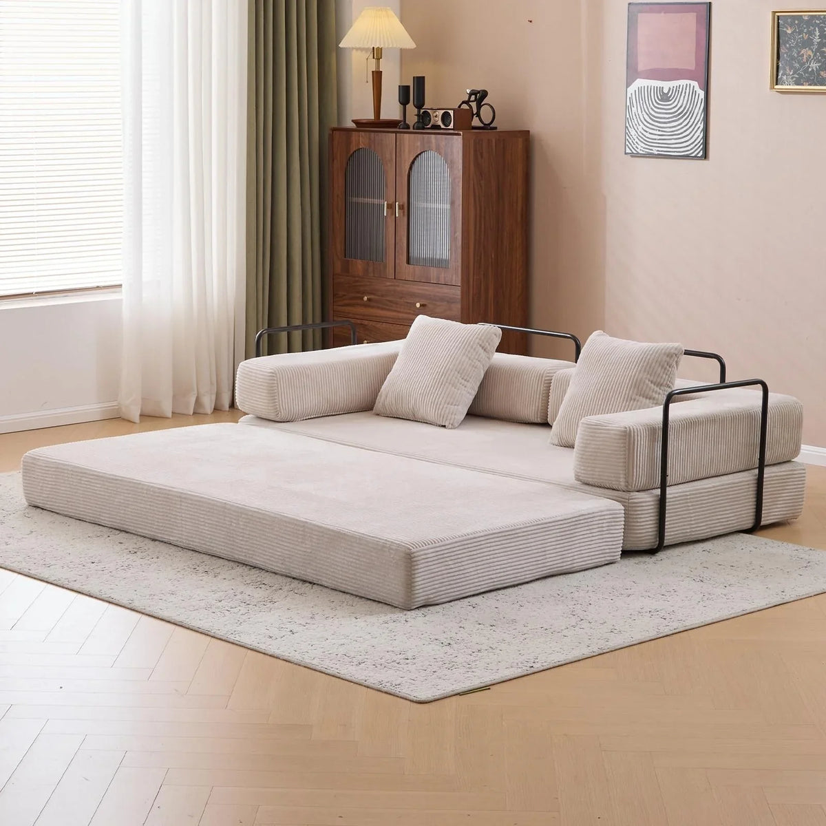 Sofá cama convertible de suelo con respaldo acolchado y tela de chenilla para la sala o el dormitorio