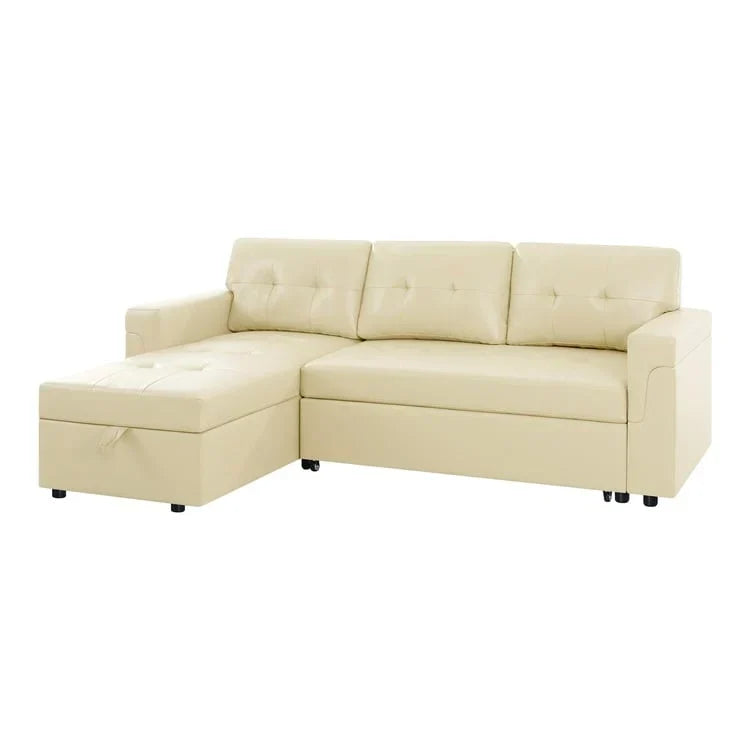 Divano componibile reversibile trasformabile con letto estraibile, chaise longue con contenitore nascosto e gambe resistenti