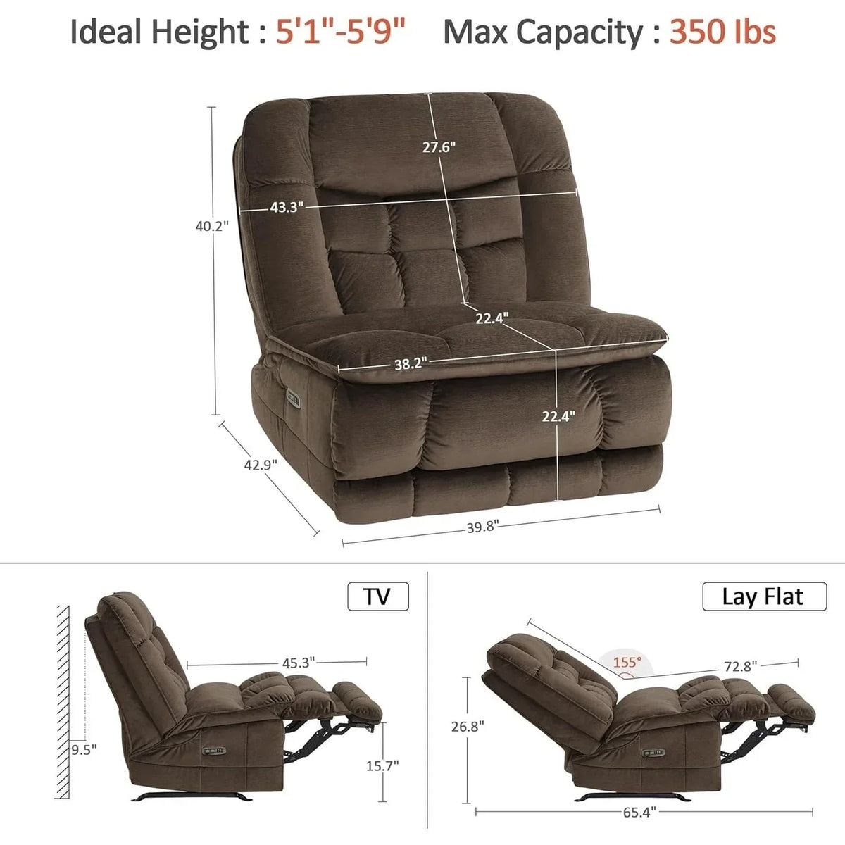 MCombo übergroßer, motorisierter Schaukel- und Relaxsessel ohne Armlehnen mit zwei Motoren, Zeroarms-Sessel, ideal fürs Wohnzimmer, Stoff PR607