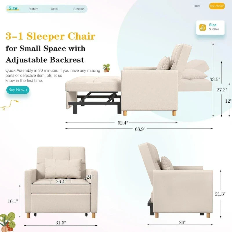 Sillón sofá cama 3 en 1 AECOJOY con almohada y respaldo convertible