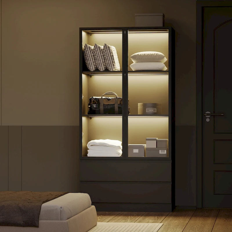 Vitrine de rangement, vitrine avec portes en verre trempé, présentoir avec 4 étagères de rangement