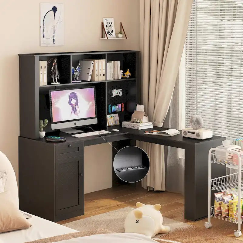 L Shaped Desk with outlet, Computer Desk with Drawers, Bookshelf & Hutch, Modern Corner Desk, Home Office Desk