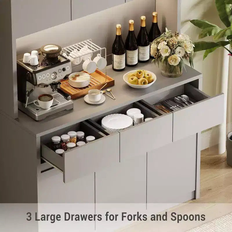 71 inch Kitchen Pantry Cabinet, Hutch Storage with Led Lights and Power Outlets, Buffet Cabinet with Microwave Stand, Adjustable Shelves