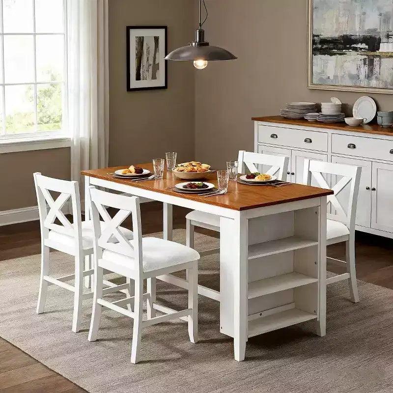 Homy Casa 5-delige eettafel- en stoelenset op aanrechthoogte met opbergplanken, wit en walnoot, moderne landelijke stijl