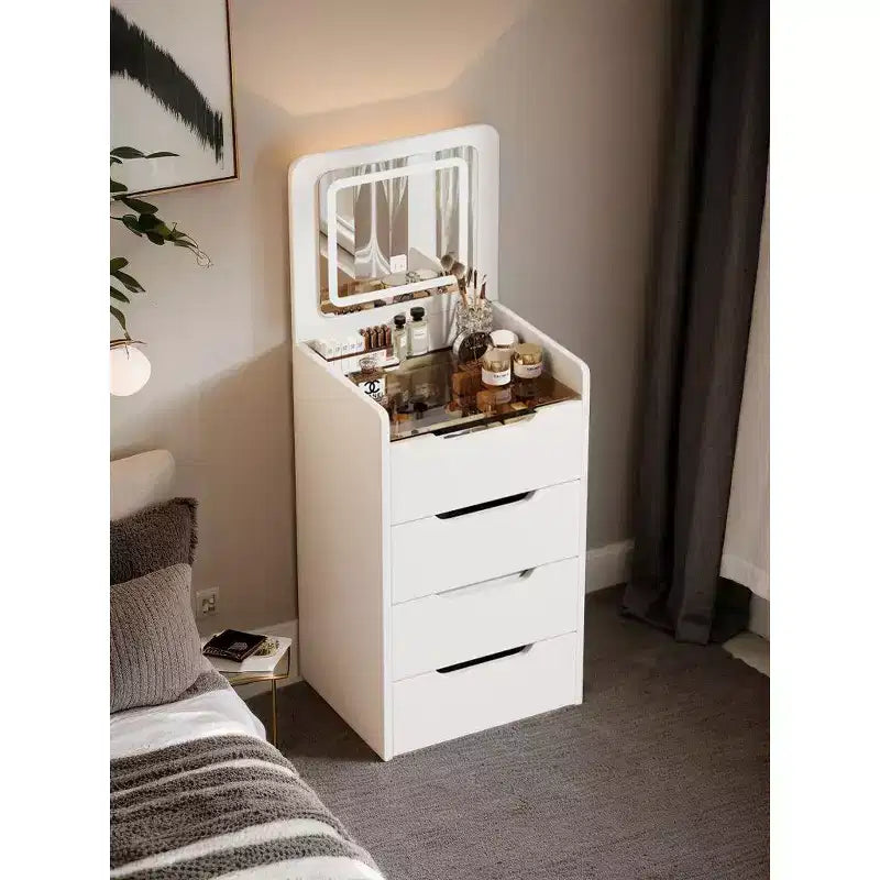 Okak 3-in-1-kaptafel met opklapbare spiegel, compacte kaptafel met zichtbaar glazen blad en gewatteerde kruk, kaptafelbureau voor de slaapkamer