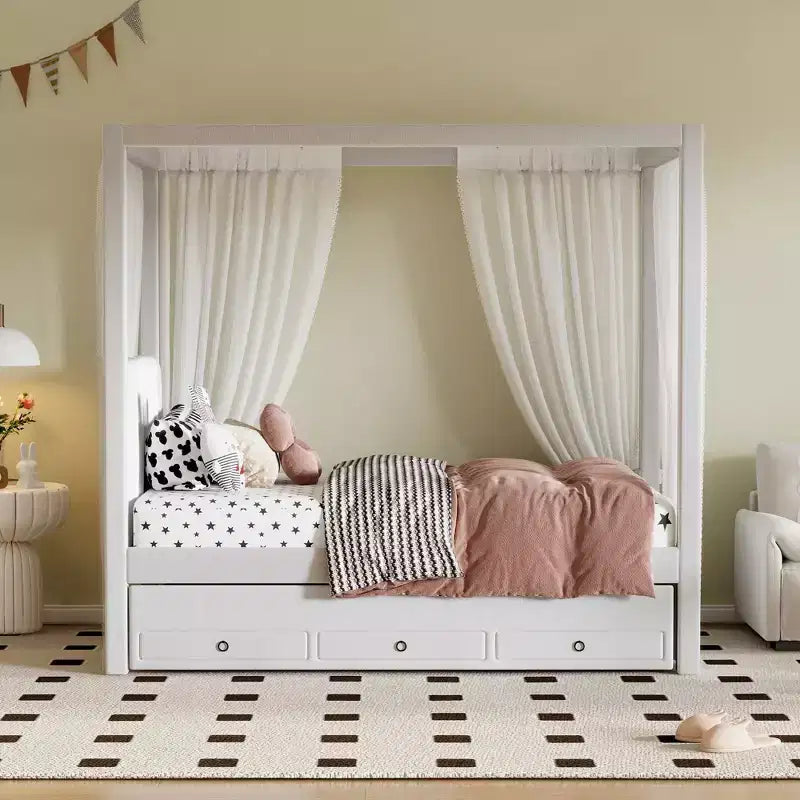 Letto a piattaforma a baldacchino matrimoniale con rivestimento in lino, letto estraibile e tre cassetti contenitori