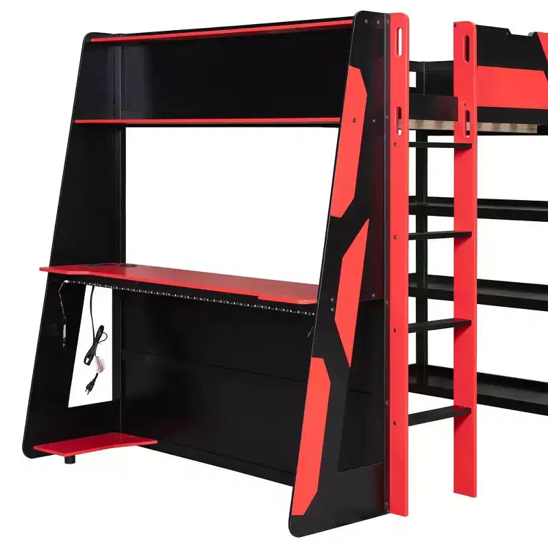Luxystar großes Gaming-Hochbett mit Schreibtisch, Stauraumregalen und Beleuchtung