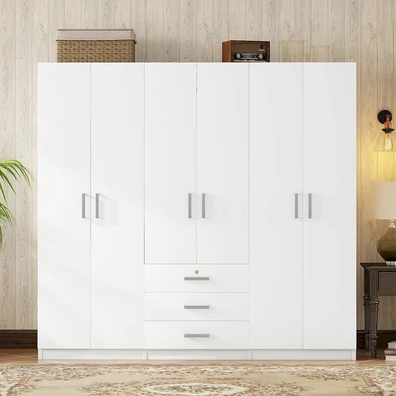 6-Doors Wooden Wardrobe Storage with 3 Big Drawers for Bedroom