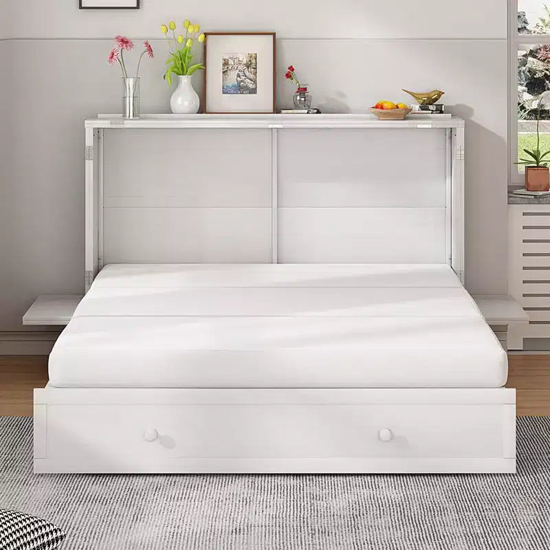 Cama abatible Mjkone tamaño queen, cama tipo armario cúbico con estación de carga y espacio de almacenamiento