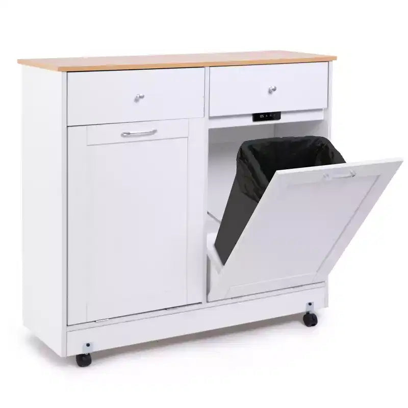 Mobiletto EROMMY per rifiuti con doppio ribaltamento e 2 cassetti, mobiletto per rifiuti con contenitore su ruote, bianco