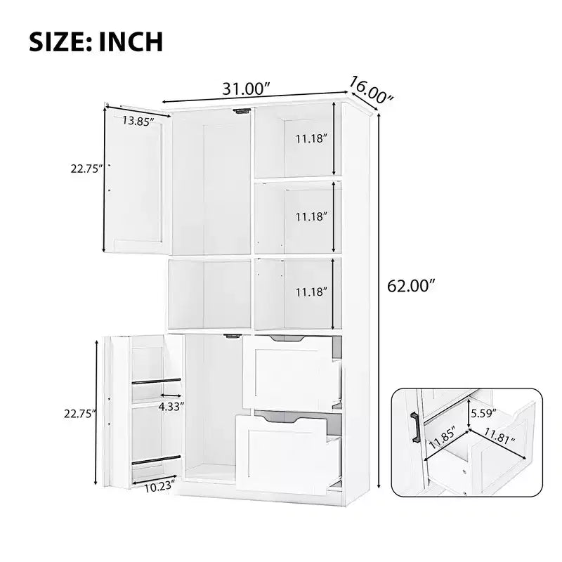 62'' Tall Bathroom Storage Cabinet, Freestanding Floor Storage Cabinet With Drawer & Adjustable Shelf, Pantry Storage Cabinet For Bathroom Living Room